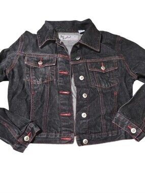100% Cotton Vtg Black Denim Jacket with Red Stitching Jrs Lg